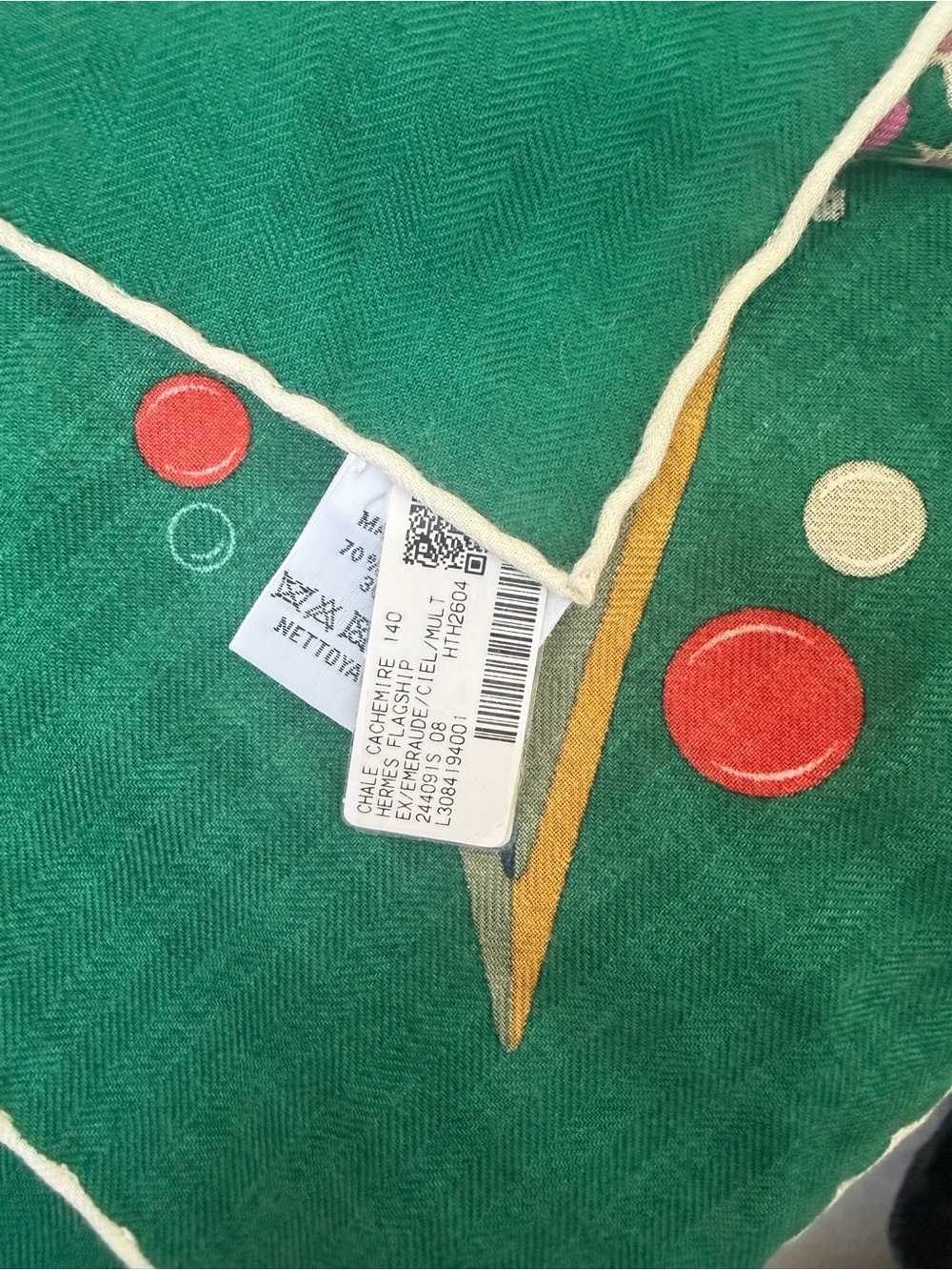 Hermes Green Silk Pocket Square with Pink, Blue and Cream Accents - Picture 8 of 10